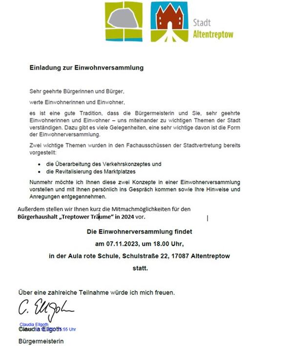 Bild vergr&ouml;&szlig;ern: Einladung zur Einwohnerversammlung